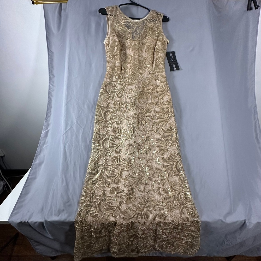 Betsy & Adam‎ Gown Womens 4 Champagne Gold Sequin Floral Formal Dress NWT